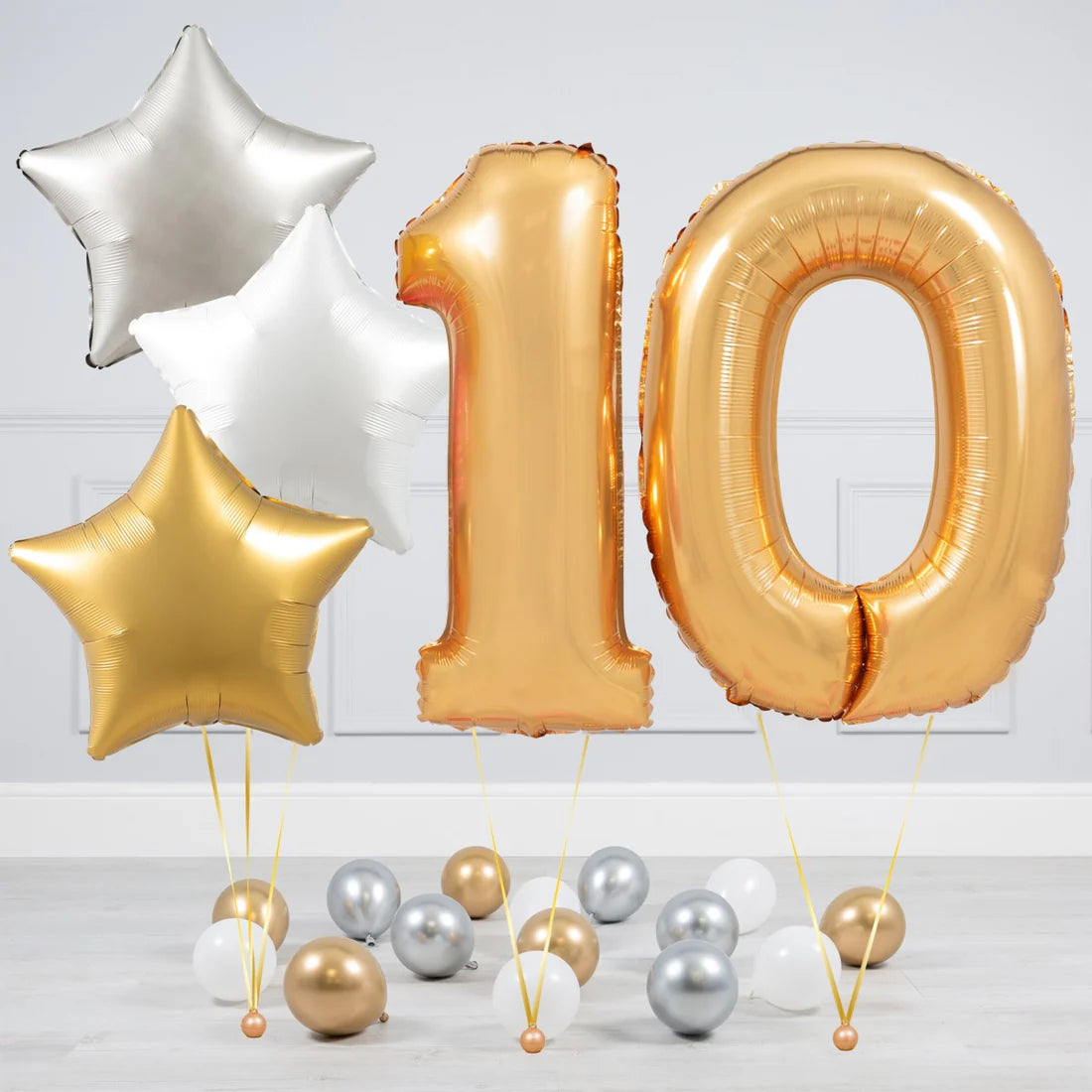 Helium Blue Gold Number Set Balloon with Silver, White and Gold Stars with Mini Balloons