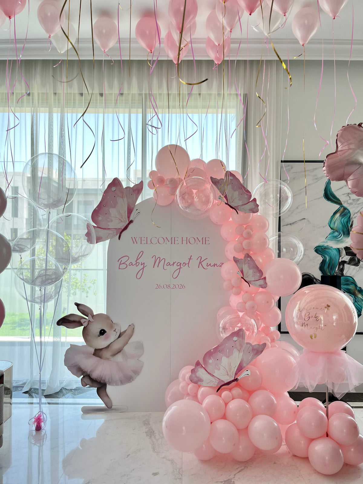 Customize Backdrop with Bunny Butterfly Balloons Pink Transparent Mini Personalised Helium Bunch Transparent & Ceiling Pink White- Perfect for Welcoming Baby Celebration!