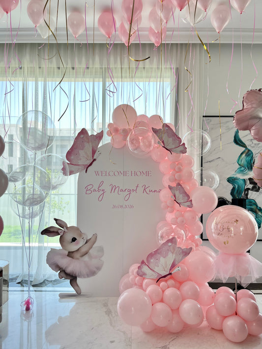 Customize Backdrop with Bunny Butterfly Balloons Pink Transparent Mini Personalised Helium Bunch Transparent & Ceiling Pink White- Perfect for Welcoming Baby Celebration!