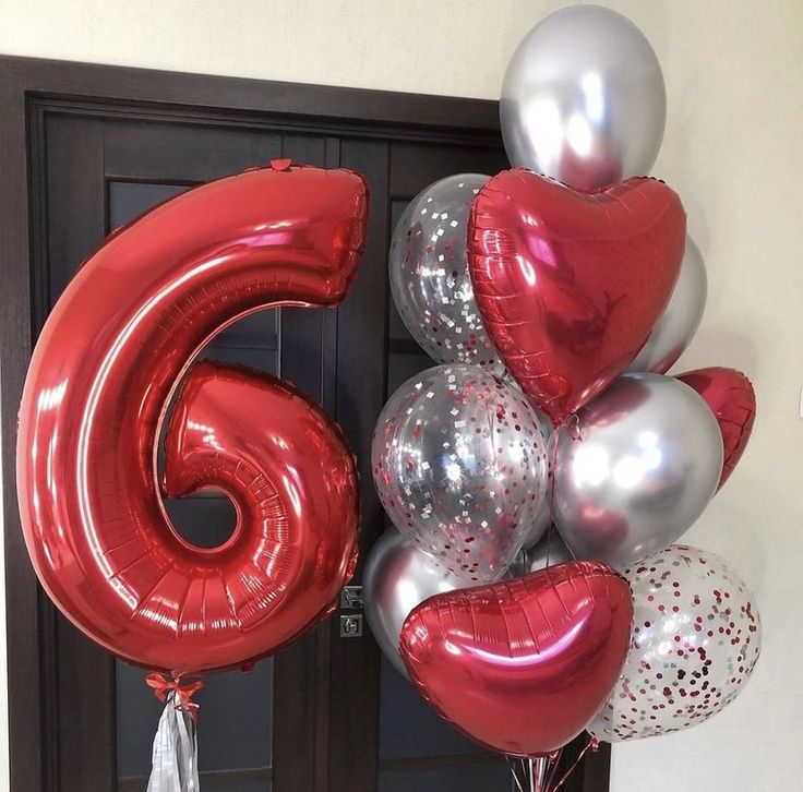 Helium Balloons Single Number Set Red '6' and Latex Clear with Confetti and Silver, Red Heart-Shaped Foil Bunch - Perfect for any Occasions!