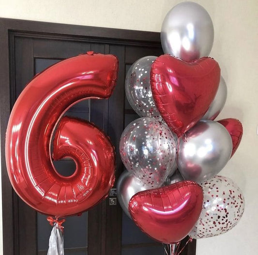 Helium Balloons Single Number Set Red '6' and Latex Clear with Confetti and Silver, Red Heart-Shaped Foil Bunch - Perfect for any Occasions!