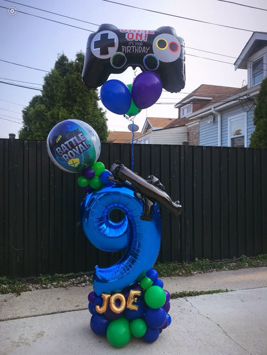Blue Number Platform ‘9’ with Green Purple Blue Latex, Game Controller 'Happy Birthday' with Latex Helium Balloons – Customizable Design