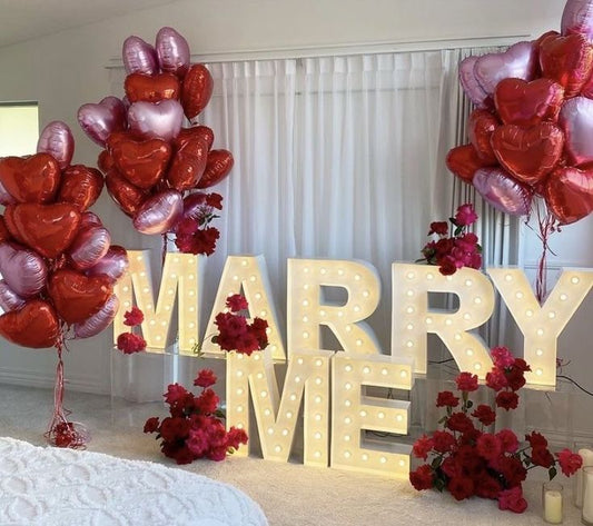 Artificial Flowers, LED Marquee 'MARRY ME', Candles and Hearts Helium Bunch Balloons - Perfect for Proposal, Wedding, Anniversary special occasions!