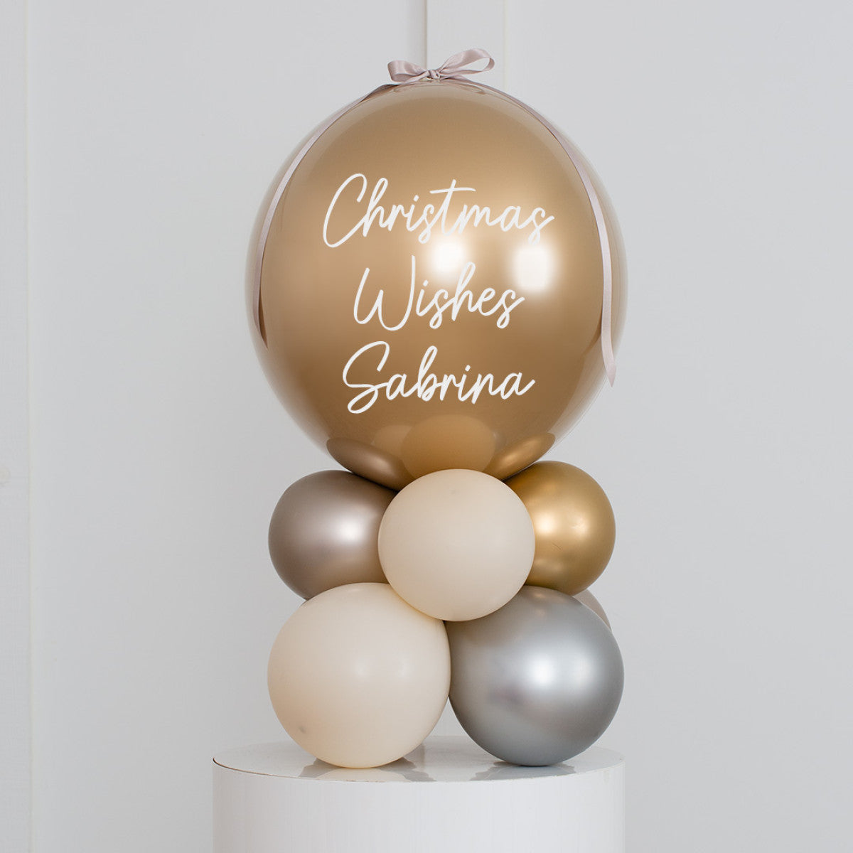 Personalised Christmas Balloon on Stand with Customizable Sticker and Ribbon Accents - Light Gold, Beige and Silver Colors