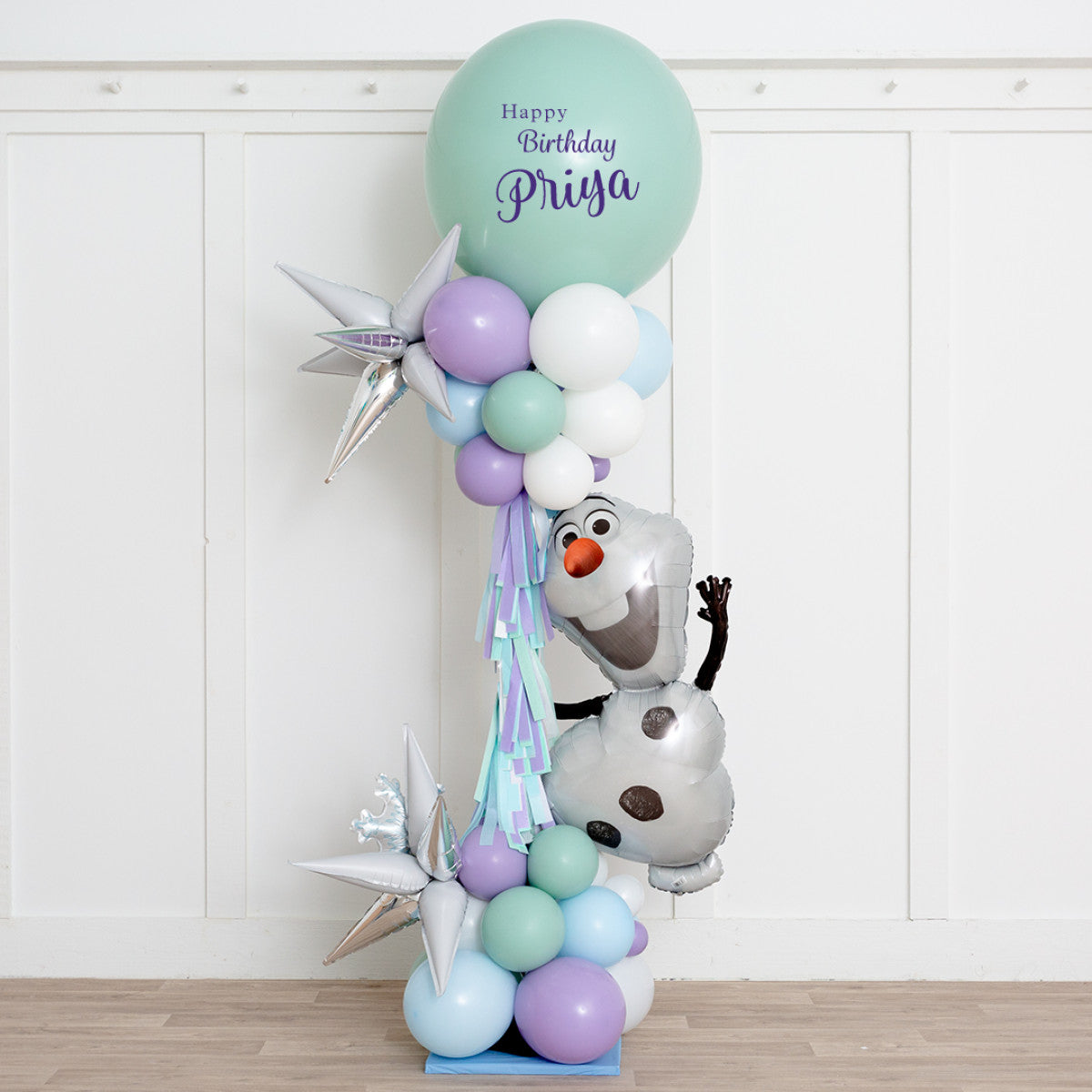 Personalised Frozen-Themed Balloon and Tassels Pillar/Column/Tower - Customizable in Icy Blue, White, Pastel Purple and Green for Any Magical Celebrations