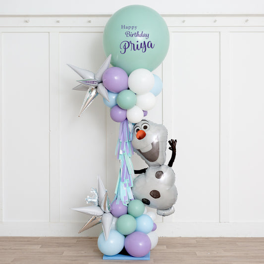 Personalised Frozen-Themed Balloon and Tassels Pillar/Column/Tower - Customizable in Icy Blue, White, Pastel Purple and Green for Any Magical Celebrations