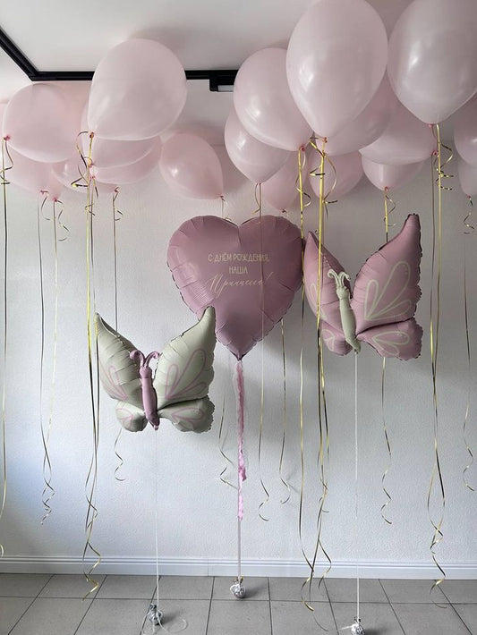 Pink Butterfly Pink Heart with Customize Sticker Helium Latex Bunch Beige Baby Pink Personalised Large Heart