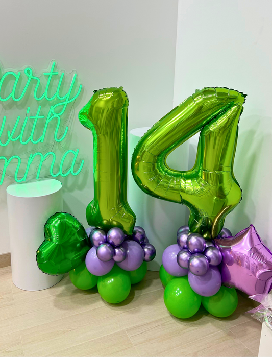 Green & Purple Balloon Display, Featuring '14' Number Balloons on a Stand with Charming Heart and Star Accents