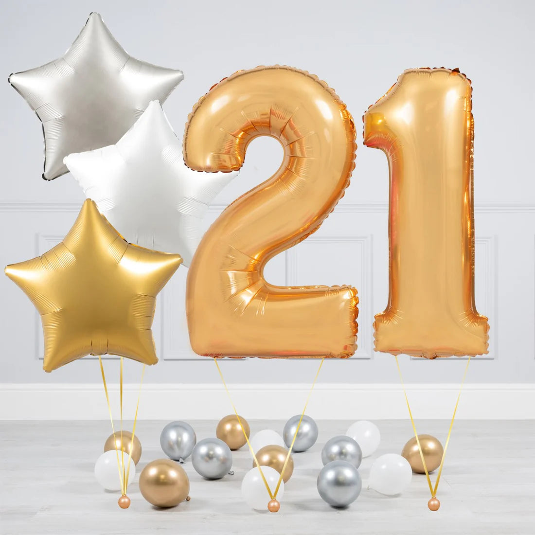 Helium Blue Gold Number Set Balloon with Silver, White and Gold Stars with Mini Balloons