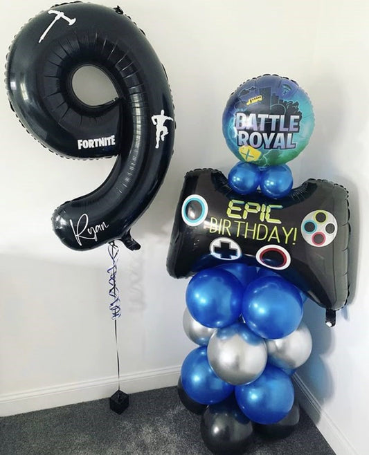 Black Number '9' Helium with Customize Sticker and Ribbons and Game Controller 'Epic Birthday' with Latex Blue, Silver and Black Balloon on Stand – Customizable Design