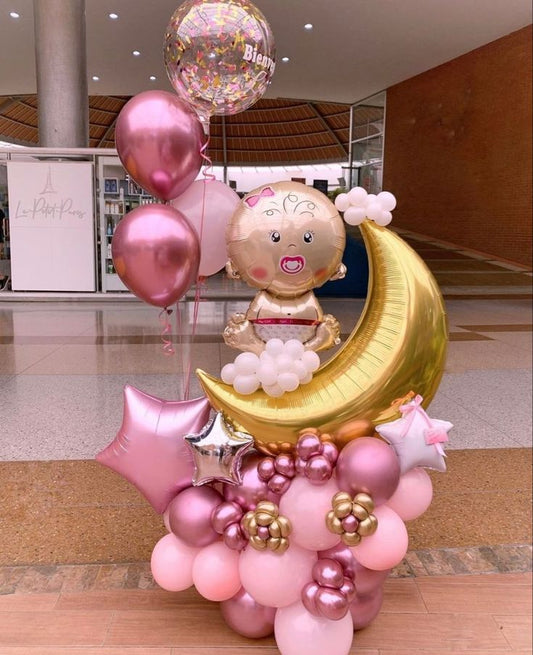 Platform Baby Shower Celebration Balloons Pink, Shinny Pink and Stars, Gold Moon, Baby Foil Balloons with Customize Clear with Confetti, Customize Sticker and Latex Balloons – Customizable Design