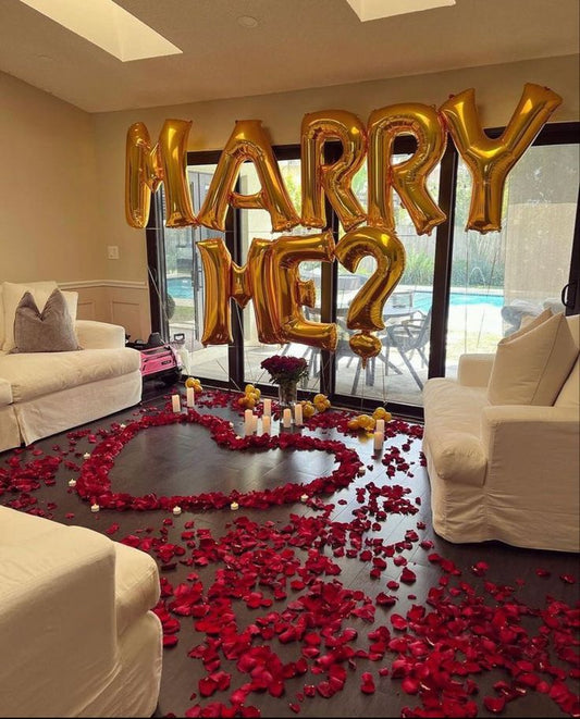 Artificial Flowers and Petals, Candles and Balloon Letters Helium Gold ' MARRY ME?' - Perfect for Proposal, Wedding, Anniversary special occasions!