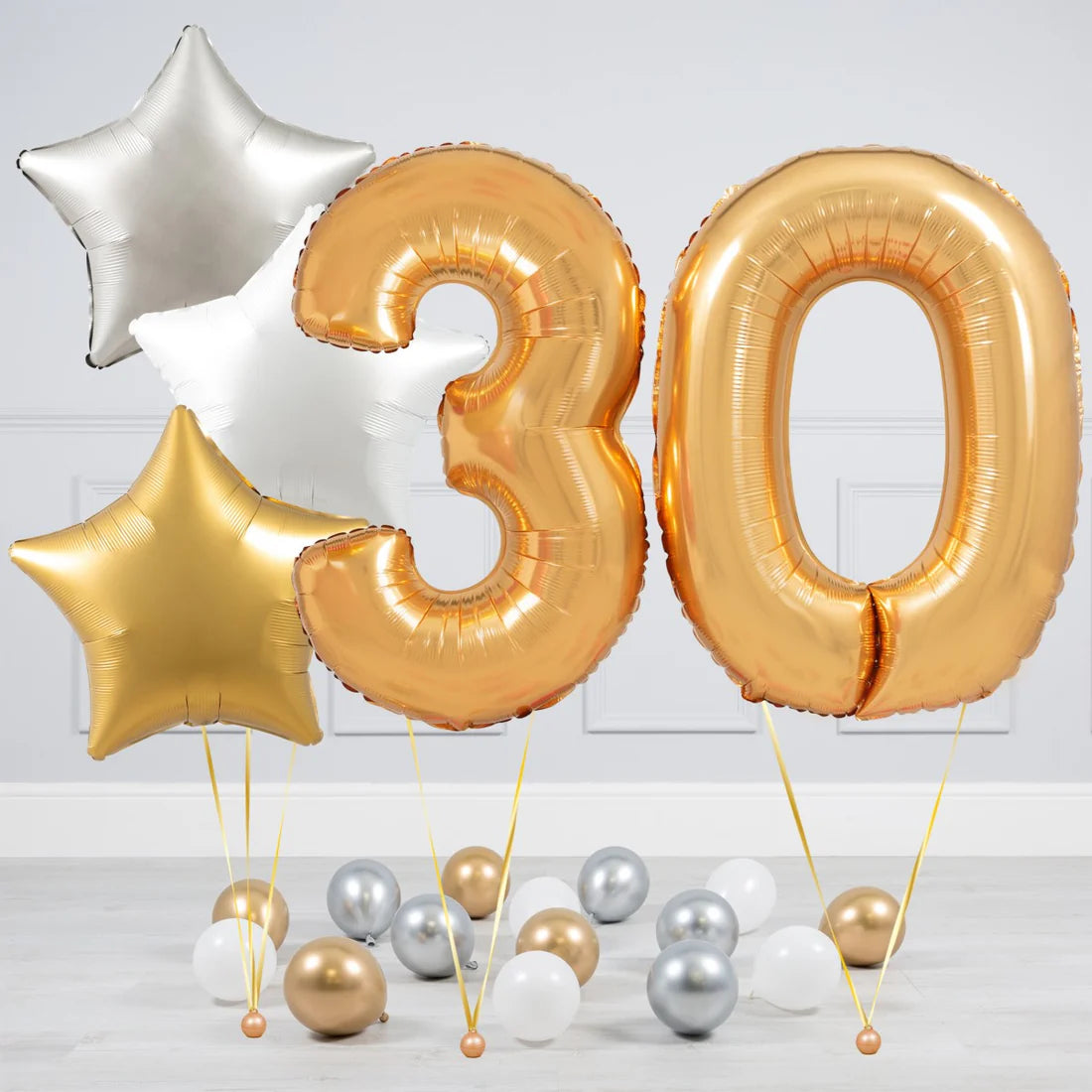 Helium Blue Gold Number Set Balloon with Silver, White and Gold Stars with Mini Balloons