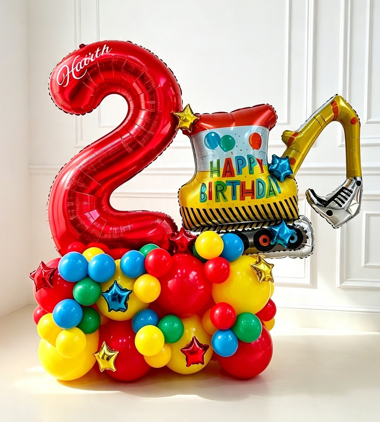 Platform Number Purple ‘2’ Construction Theme Red Blue Yellow Green Balloons with Mini Starts accents with Customize Sticker - Customizable Design