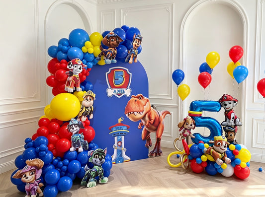 Paw Patrol Theme Custom Backdrop Balloon Red Blue Yellow Decoration with Characters & Dinosaur Cutouts, Platform Blue 5 with Paw Patrol Characters & Helium Latex Balloons - Perfect for Kids Birthday Celebration!