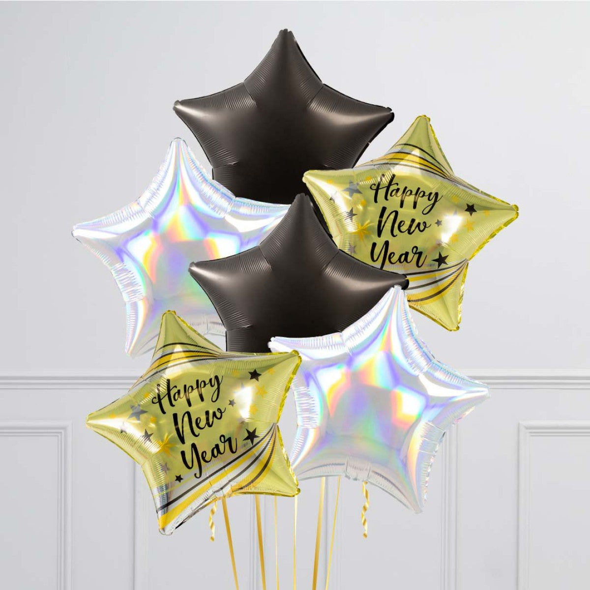 New Year's Eve Black, Shiny White, and Gold Star Balloons with 'Happy New Year'