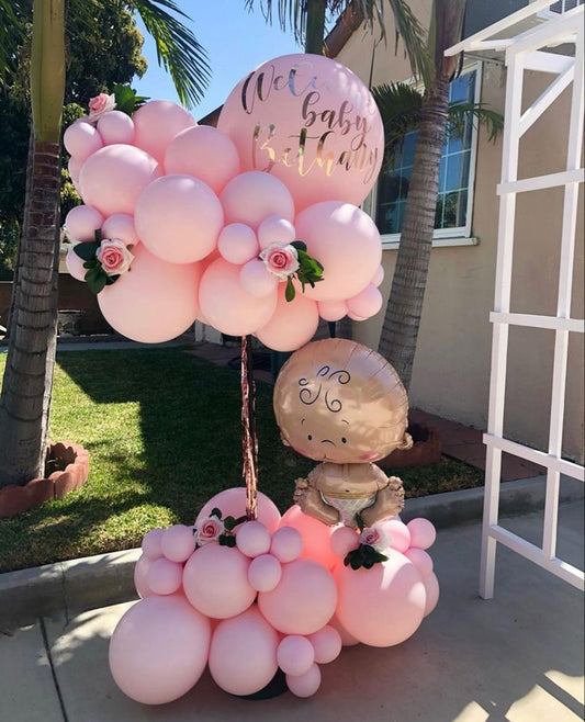 Platform Baby Shower Celebration Balloons Pink Balloon with Customize Sticker and Artificial Flowers – Customizable Design