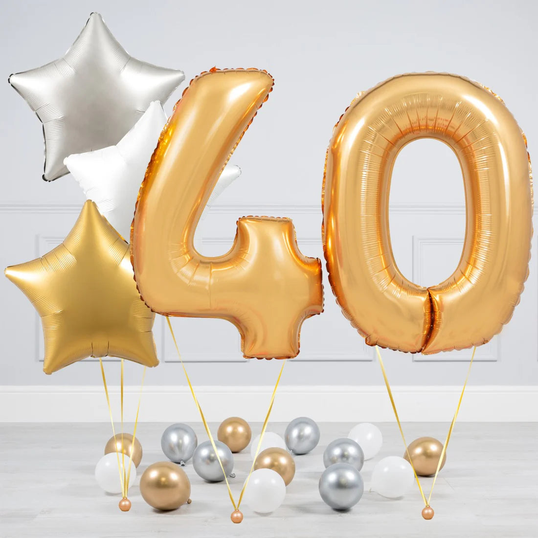 Helium Blue Gold Number Set Balloon with Silver, White and Gold Stars with Mini Balloons