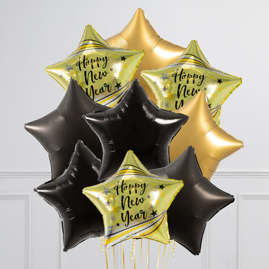 New Year's Eve Black and Gold Star Balloons with 'Happy New Year'