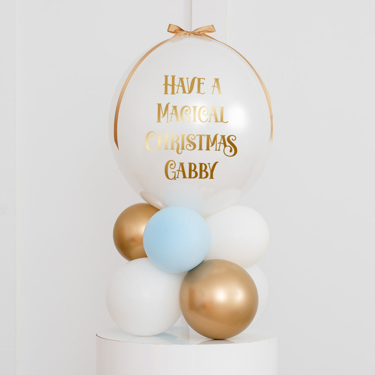 Personalised Christmas Balloon on Stand with Customizable Sticker and Ribbon Accents - Gold, White and Blue Colors