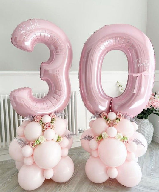 Pink Number Balloon on Stand ‘30’ with Pink Balloons, Artificial Flowers and Customize Sticker – Customizable Design
