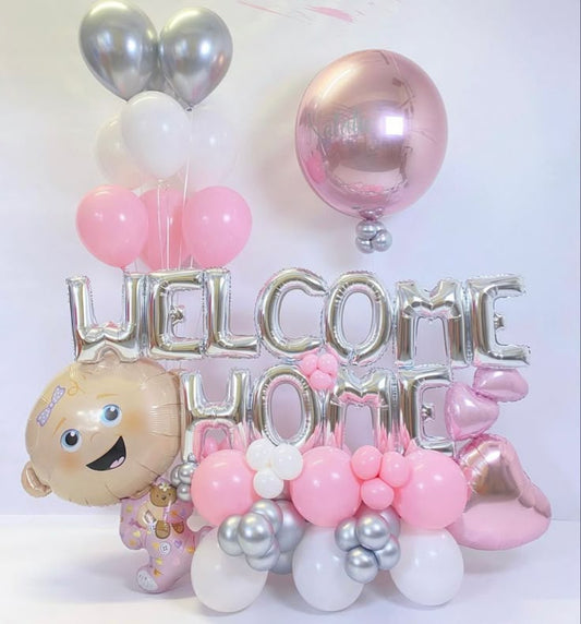 Platform Baby Shower Celebration Balloons Pink Silver White Balloon with Baby Foil, Letters "WELCOME HOME", Heart and Orbs and Latex Helium Balloons – Customizable Design