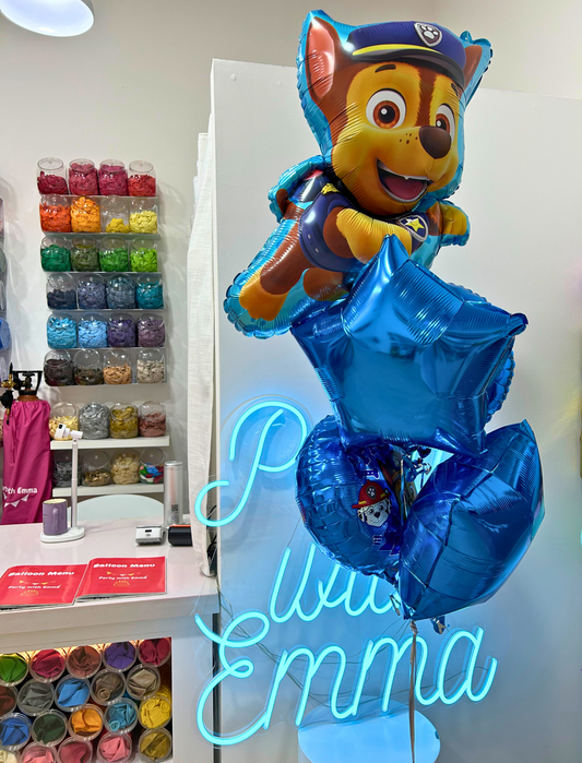 Paw Patrol Balloon Set, Featuring a whole figure Chase Balloon, Shiny Blue Star Balloons, and Round Balloons with Chase’s Friendly Face Bouquet