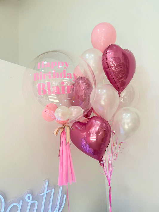 Personalised Helium Balloon Bobo with Customizable Sticker, Tassels, and Helium Glossy White, Pink, and Metallic Pink Heart Balloons – Perfect for Any Stylish Celebrations