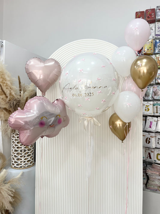 Personalised Clear with White Latex, Small Pink Ribbons and Customize Sticker and Latex Bunch White, Pink, Light Gold with Small Ribbons, Heart with Customize Sticker and Pink Cloud Foil Helium Balloon - Baby Shower, Perfect for special occasions!