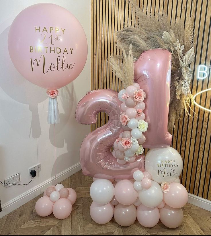 Platform Pink Numbers '21' with Latex Pink and White Customize Sticker, Artificial Flower Boho-Themed and Personalised Pink Latex with Customize Sticker and Ribbons – Customizable Design