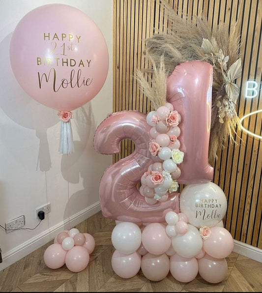 Platform Pink Numbers '21' with Latex Pink and White Customize Sticker, Artificial Flower Boho-Themed and Personalised Pink Latex with Customize Sticker and Ribbons – Customizable Design