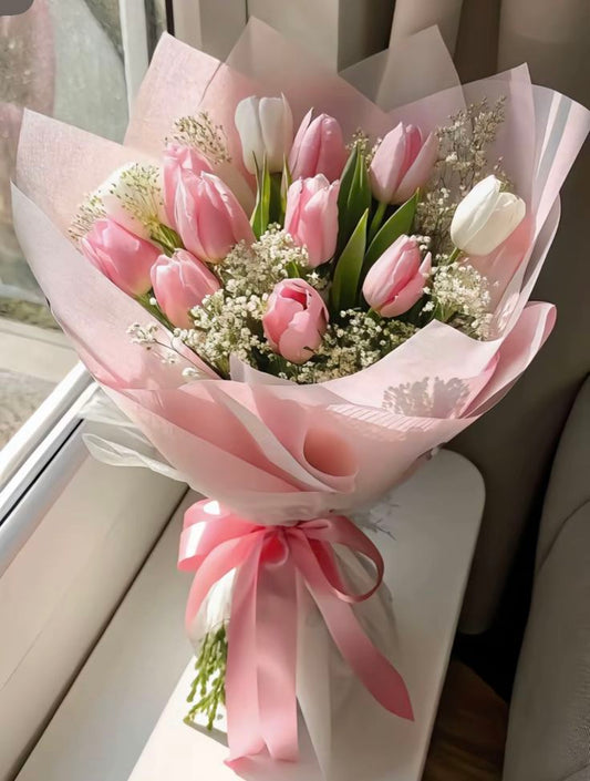 White and Pink Tulips - Floral Fresh Bouquet