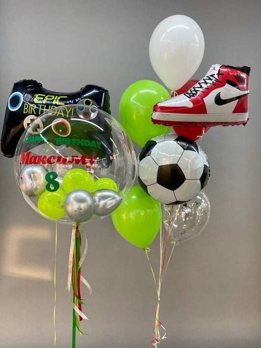 Personalised Sticker 36" Balloon with Printed Soccer Ball, Clear with Confetti, Red, Lime Green and White Latex Helium Bunch with Shoes and Game Controller Foil - Sports-Themed, Football-Themed Soccer-Themed Perfect for any Occasions!
