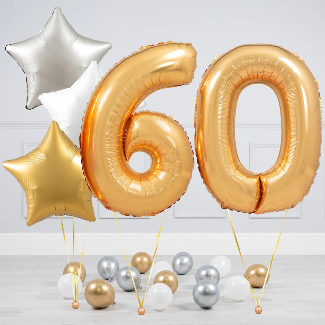 Helium Blue Gold Number Set Balloon with Silver, White and Gold Stars with Mini Balloons