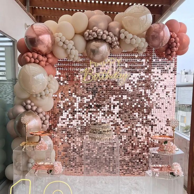 Rose Gold Shimmer Wall Setup with Balloon Rose Gold, Beige with Orbs accents, LED Acrylic "Happy Birthday" - Perfect for any Celebration