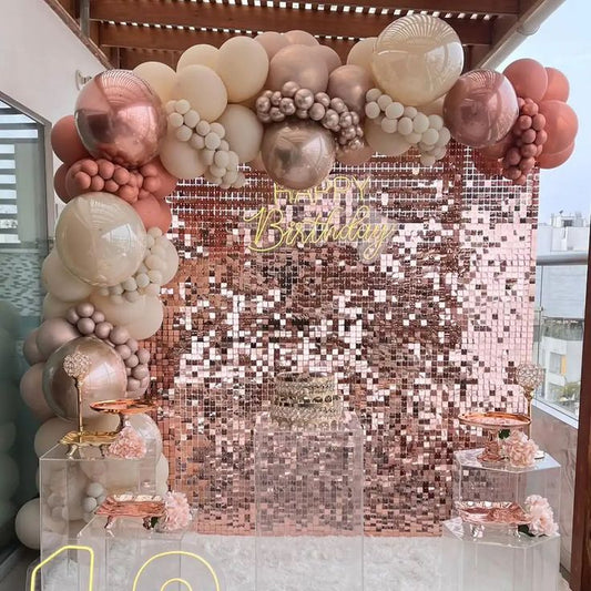 Rose Gold Shimmer Wall Setup with Balloon Rose Gold, Beige with Orbs accents, LED Acrylic "Happy Birthday" - Perfect for any Celebration