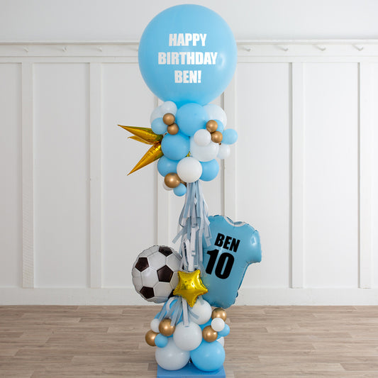 Personalised Sky Blue, Gold and White Football Balloon and Tassels Pillar/Column/Tower - Customizable for Any Sports-Themed Celebrations