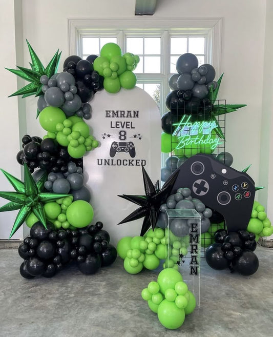 Customizable Board Backdrop with LED Acrylic 'Happy Birthday', Balloons Black, Gray and Green with Starburst accents, Customize Game Controller and Acrylic Cake Stand with Sticker - Perfect for any celebration!