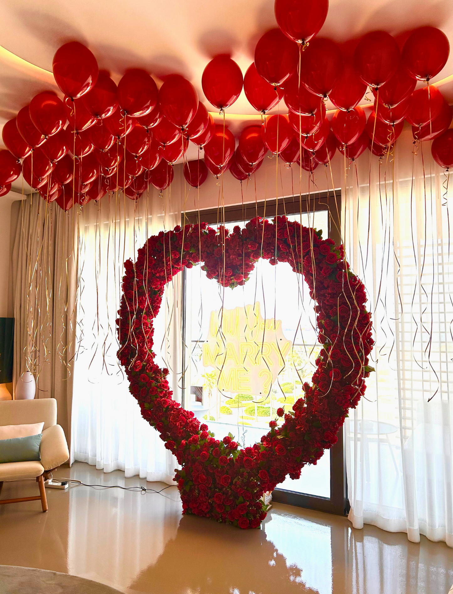 Romantic Heart-Shaped Rose Arch with Floating Red Balloons - Perfect for Proposals & Special Occasions