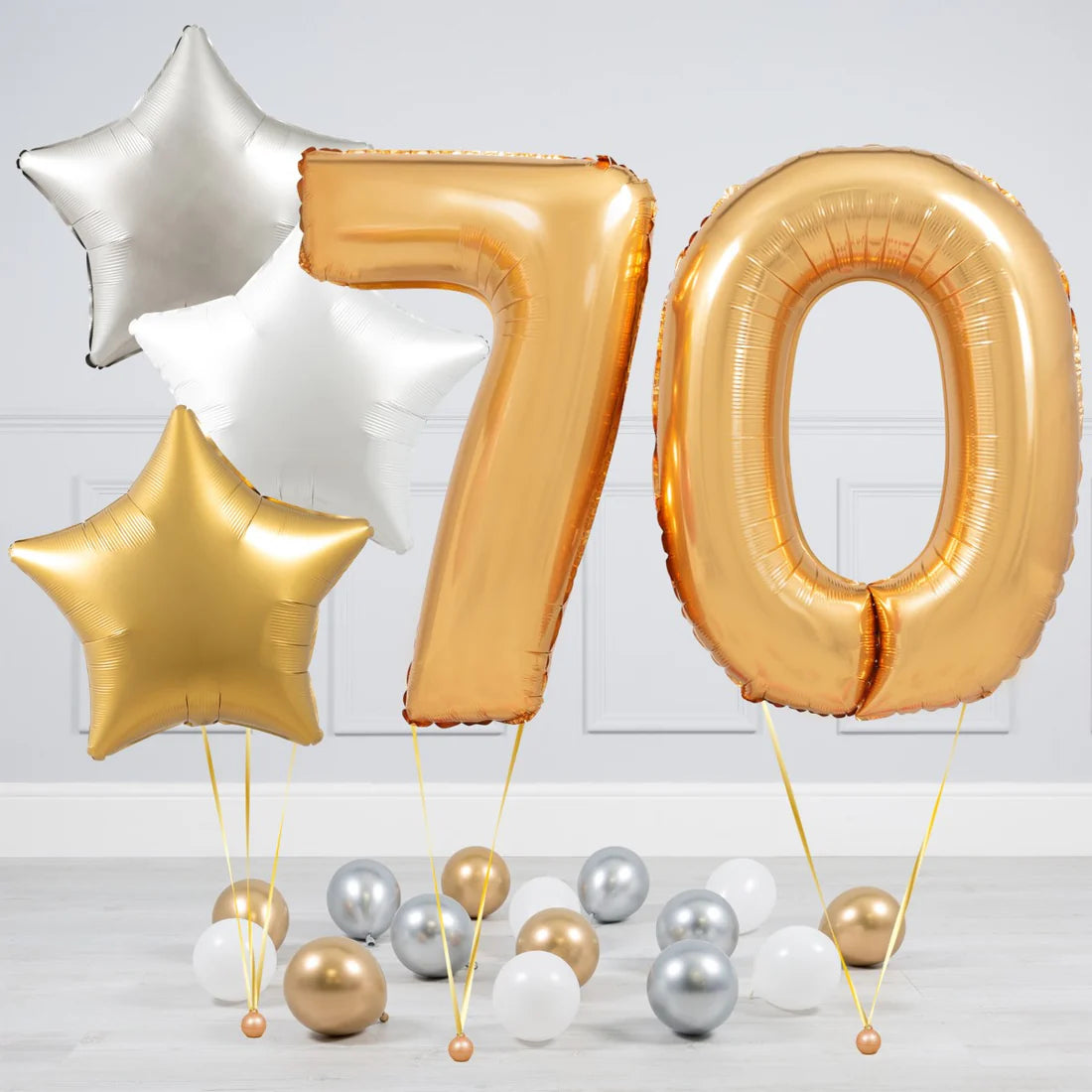 Helium Blue Gold Number Set Balloon with Silver, White and Gold Stars with Mini Balloons