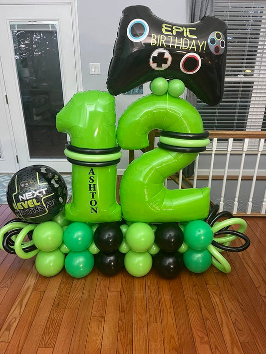 Green Number Platform ‘12’ with Green and Black with Customize Sticker and Game Controller Foil Balloon – Customizable Design