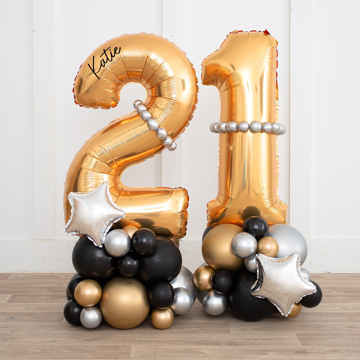 Number Balloon on Stand ‘21’ with Gold, Silver, and Black Accents – Customizable Design and Sticker