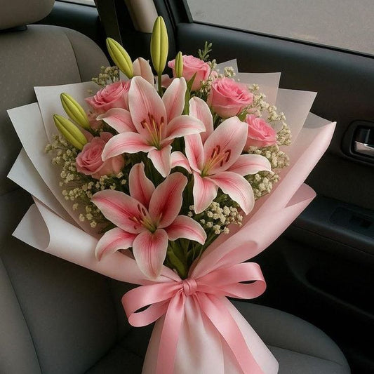 Pink Roses and Pink Lilies - Floral Fresh Bouquet