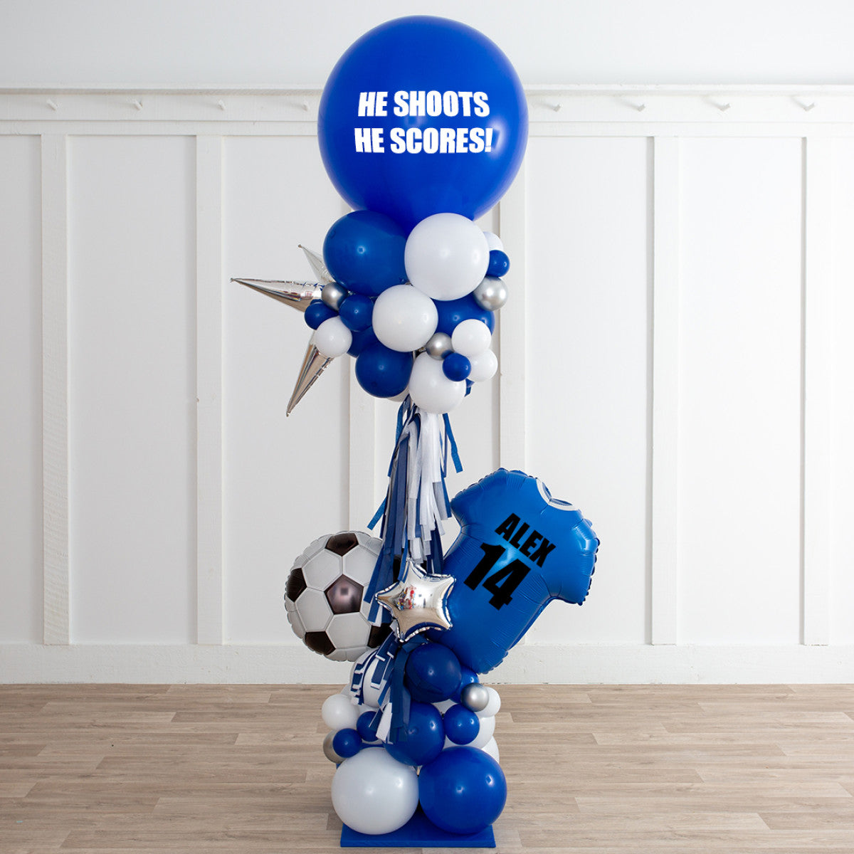 Personalised Dark Blue and White Football and Tassels Balloon Pillar/Column/Tower - Customizable for Any Sports-Themed Celebrations