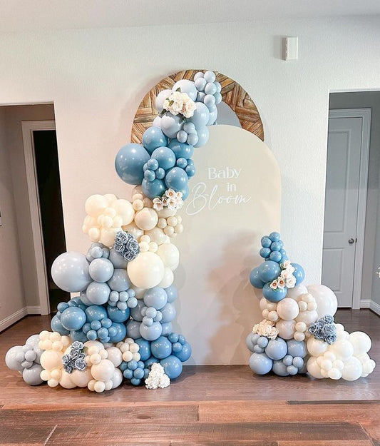 Customizable Board Backdrop with Balloons Blue, White and Beige with Artificial Flowers - Perfect for any celebration!