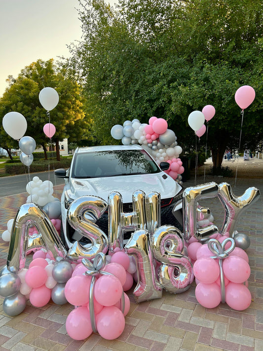 Car Surprise Balloon Design in Pink, White, and Silver – Perfect for Any Memorable Celebrations