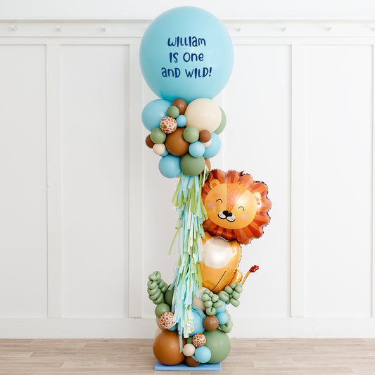 Personalised Lion Animal with small Animal Print Balloon and Tassels Pillar/Column/Tower - Customizable Safari Animals for Any Jungle-Themed Celebrations