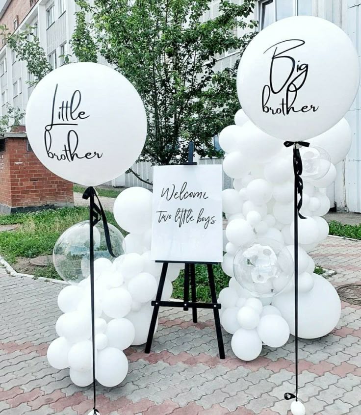 Customizable Canvas with Wooden Stand Welcome Board, Organic Balloon White Chain Arrangement and White Helium Latex with Customize Sticker and Ribbons - Perfect for any occasions!