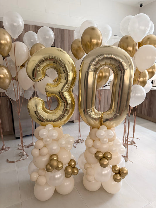 40-inch Numbers 3&0 Balloon on Stand with Helium Balloons Colors Light Gold, Pearl White and Beige with Ribbons - Customizable for Any Celebration