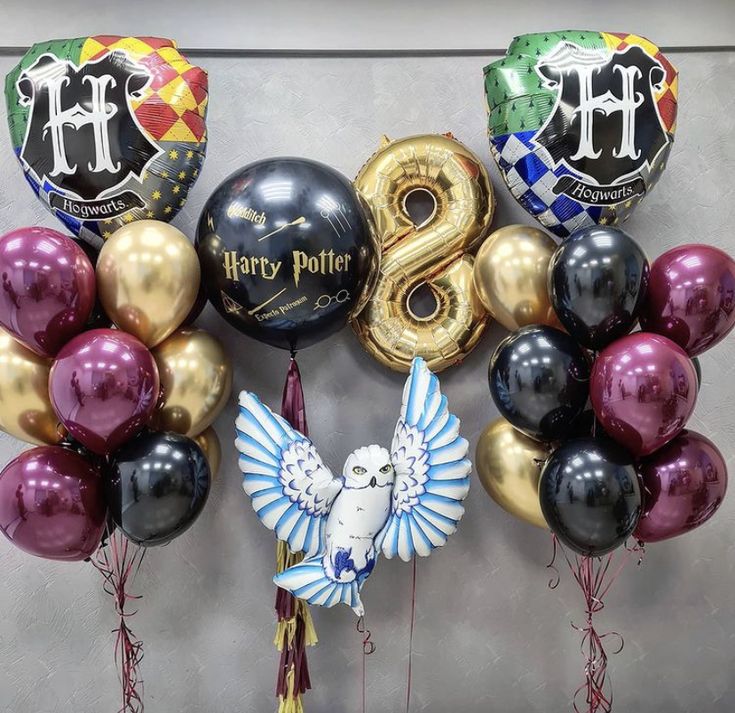 Helium Balloon Single Number Set of Gold Number ‘8’ Balloon, Harry Potter Flag, Owl with Latex Helium Bunch Black, Burgundy and Light Gold, Personalised Clear with Black Latex and Customize Sticker - Harry Potter-Themed Perfect for any Occasions